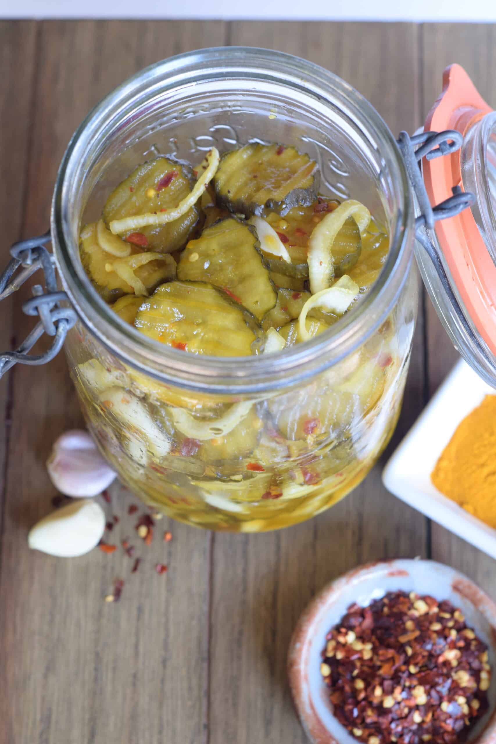 Shortcut Sweet Heat Pickles and Vidalia Onions Grits and Gouda