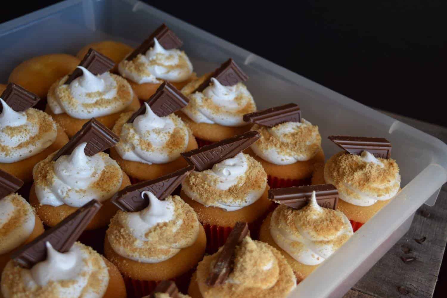 Smores cupcakes in a plastic container for transport