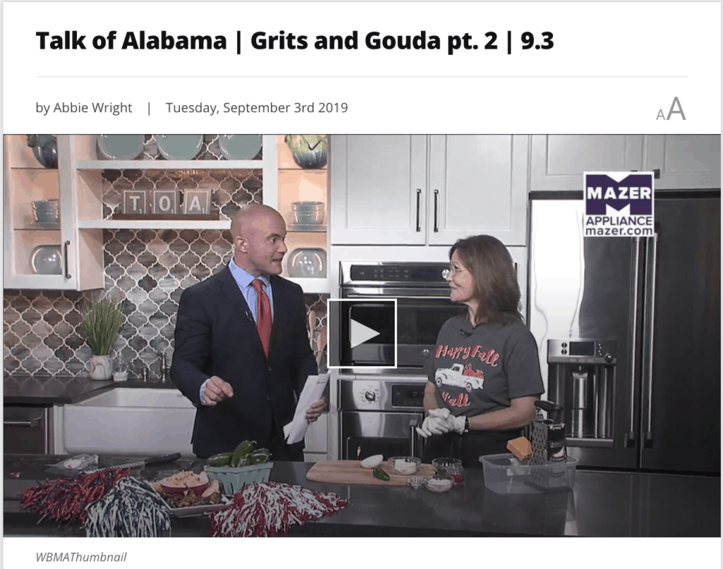 Video clip picture of Kathleen Royal Phillips and Stoney Sharp on ABC 33/40's Talk of Alabama making Jalapeno Pimiento Cheese