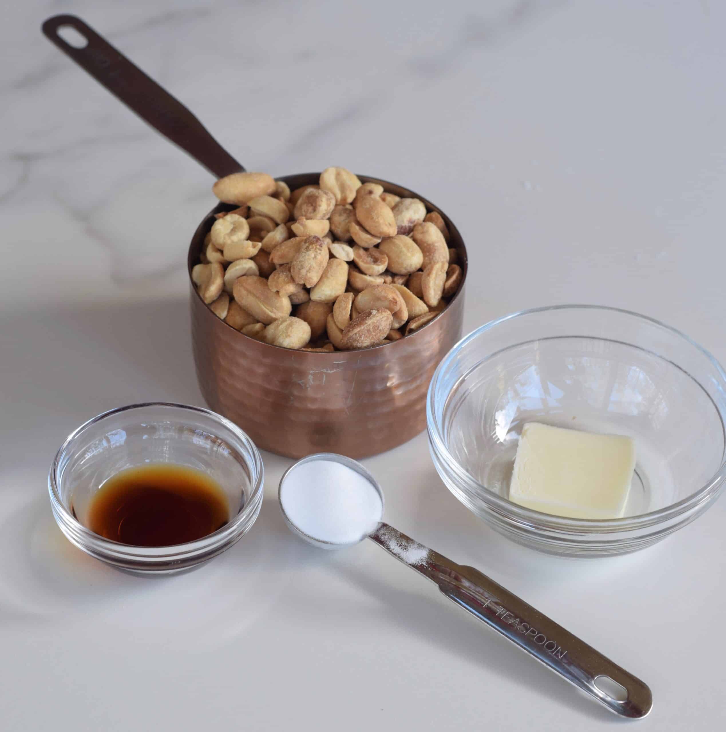 Microwave peanut brittle recipe ingredients set into individual bowls.