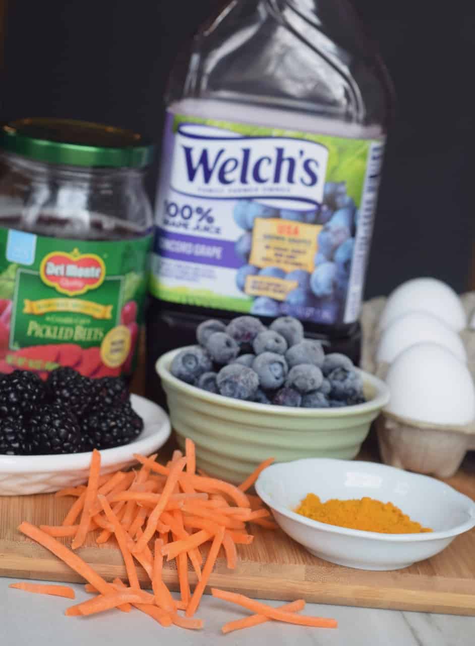 Natural dyes for Easter eggs: pickled beets, black berries, blueberries, turmeric and grape juice.