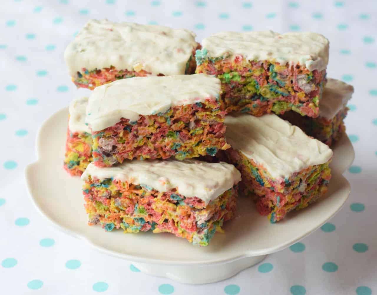 Fruity Pebbles make the perfect pastel fruit-flavored treat for Easter or a Spring shower! They will remind you of Rice Krispy treats.