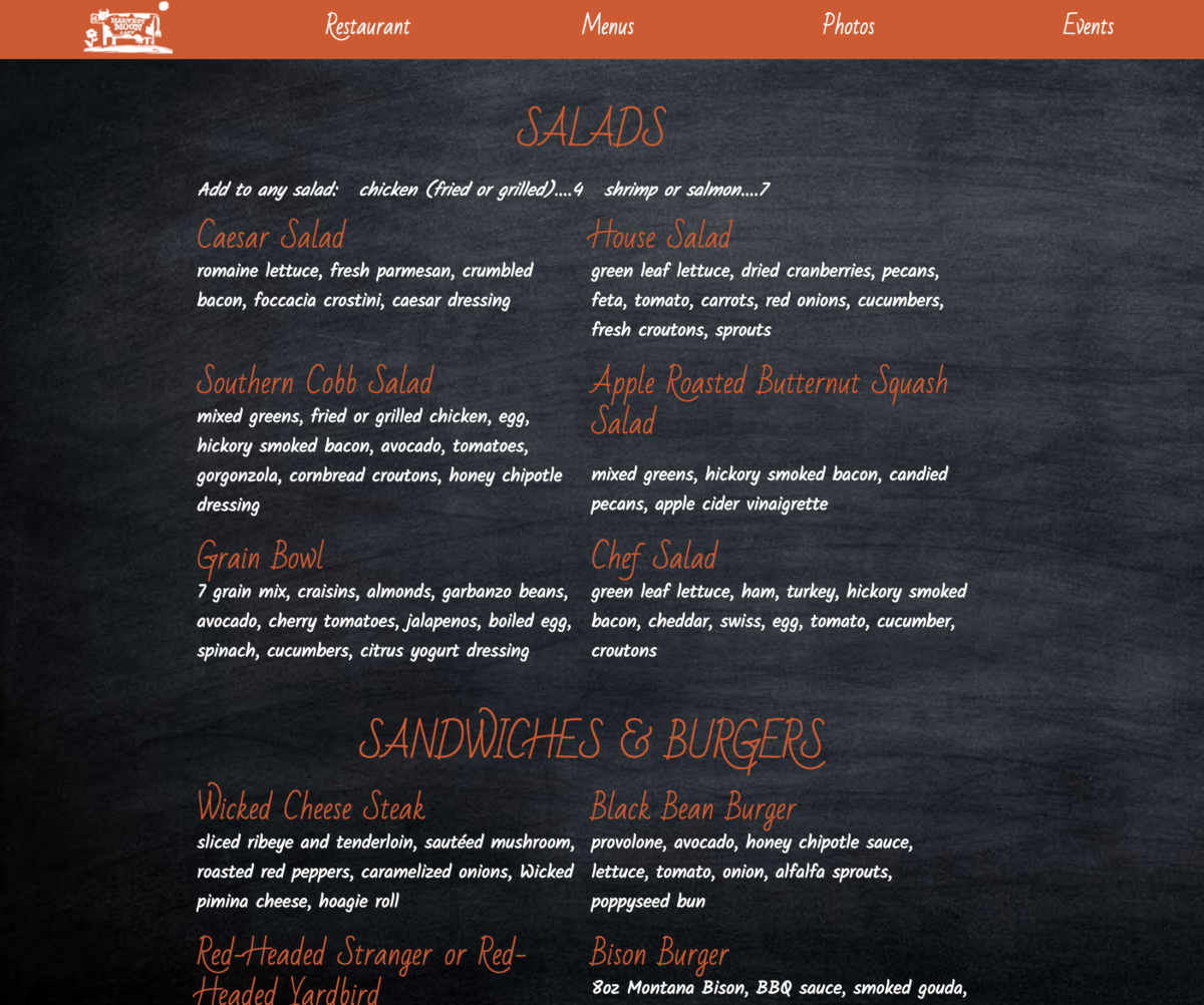 chalk board restaurant menu, winning apple salad recipe on Spring Harvest Moon Cafe Menu