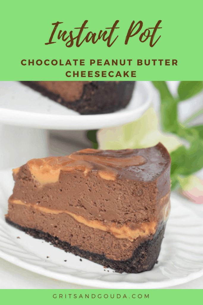 Instant Pot Chocolate-Peanut Butter Swirl Cheesecake. Did you know the pressure cooker is the perfect environment for a cheesecake to bake? No cracks. No fail. Slice of cheesecake on white plate