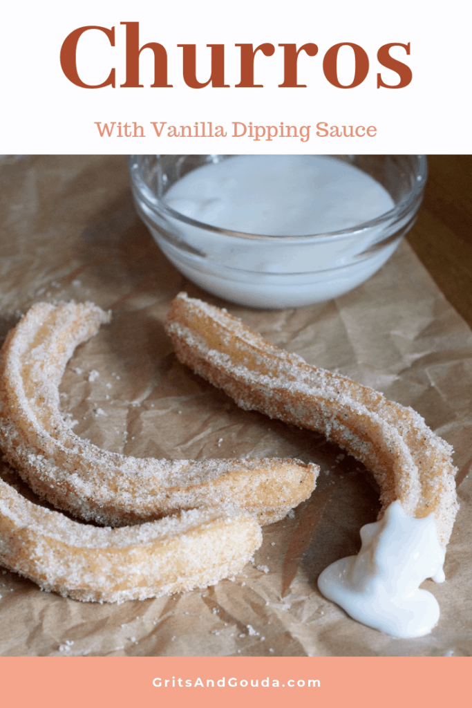 Churros with Vanilla Dipping Sauce. They are crisp on the outside, soft and tender on the inside. Pinterest pin