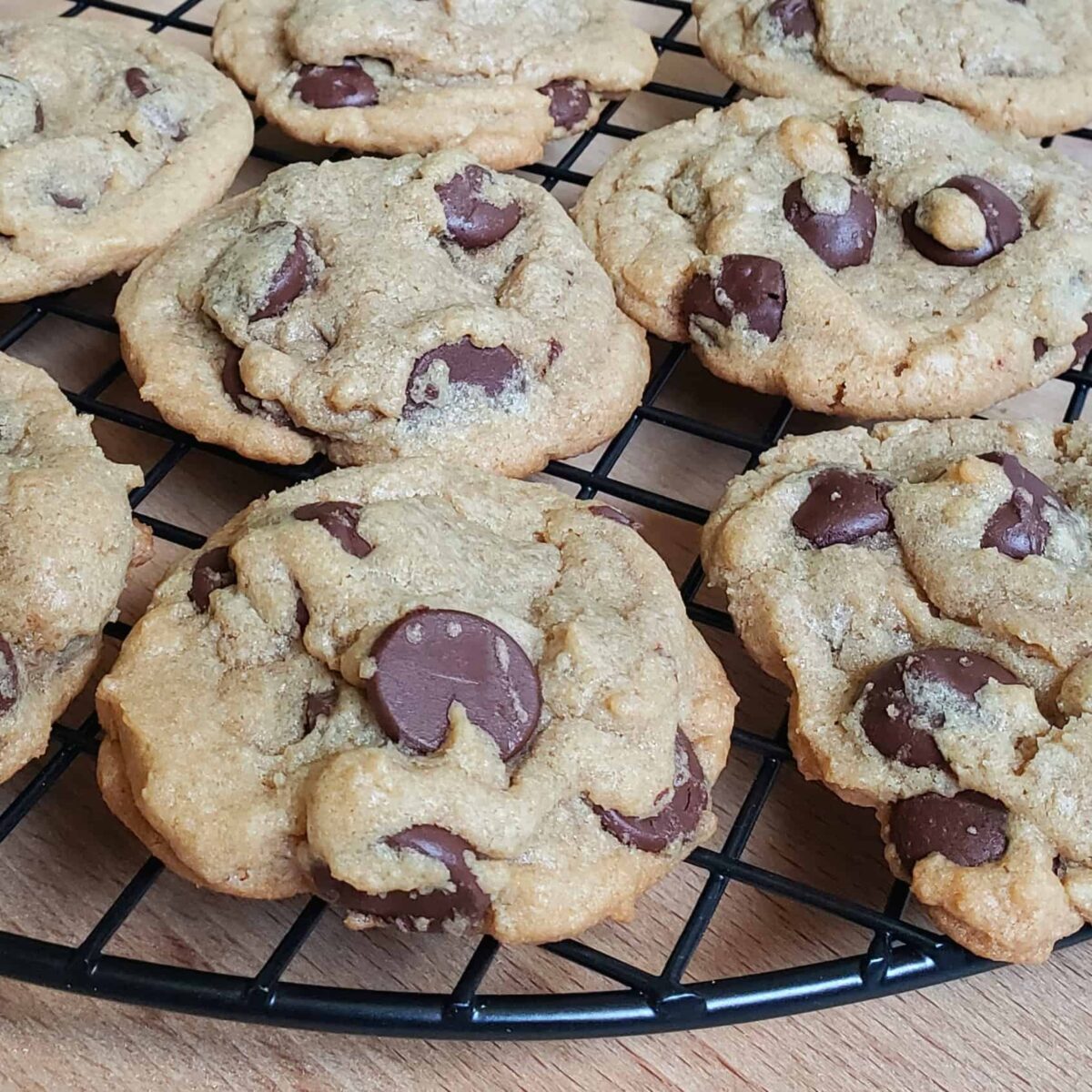 Coffee and Dark Chocolate Chip, soft and chewy cookies close up on a wire rack