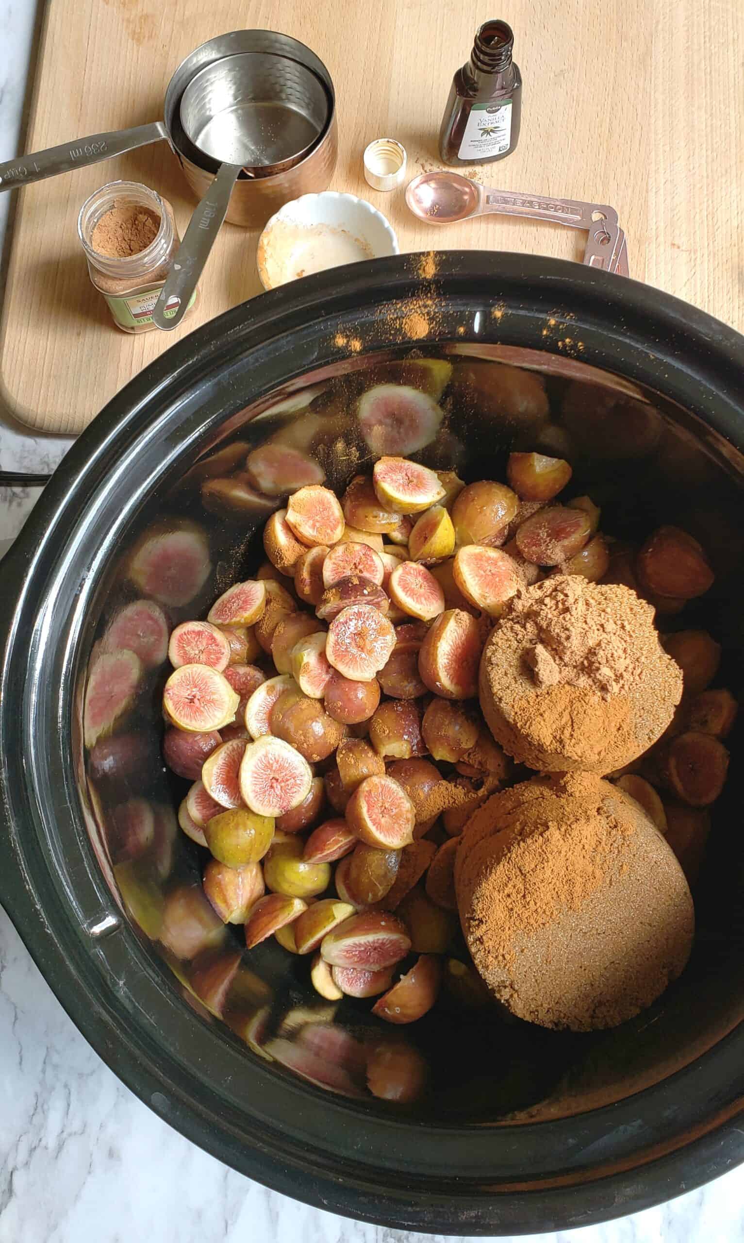 fig jam cake batter spread in a baking pan