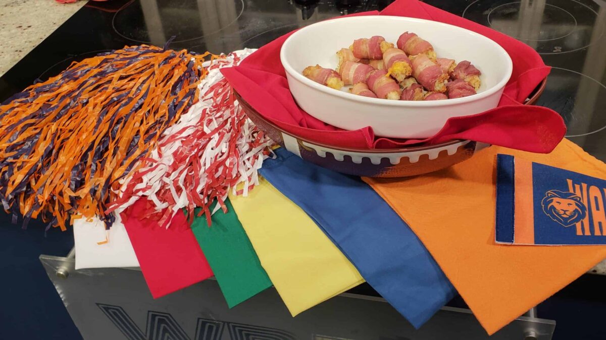 Bacon Wrapped Cheesy Tator Tots with SEC football colors Wallace State, UAB Alabama, Auburn