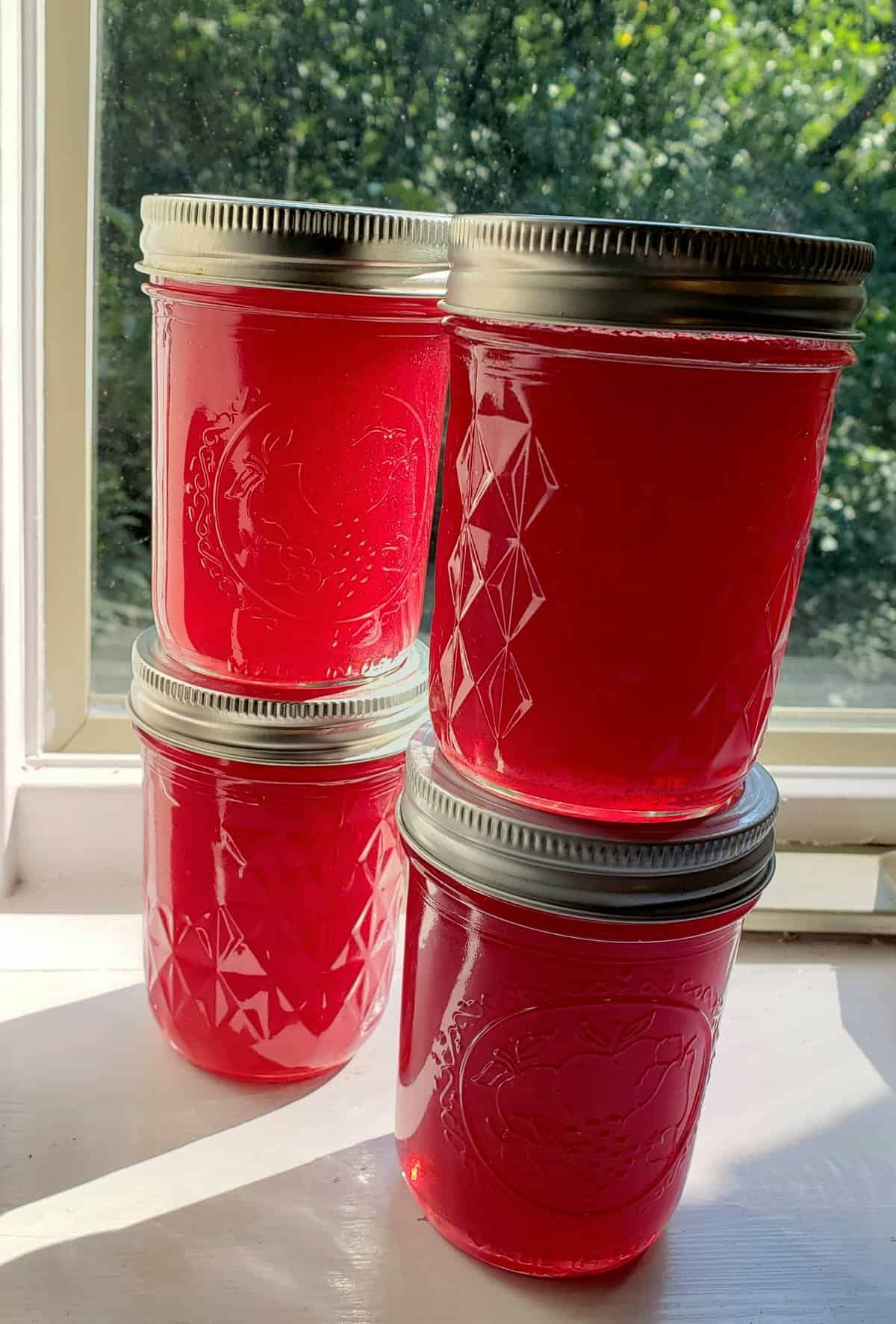 4 jars of muscadine jelly stacked in a window