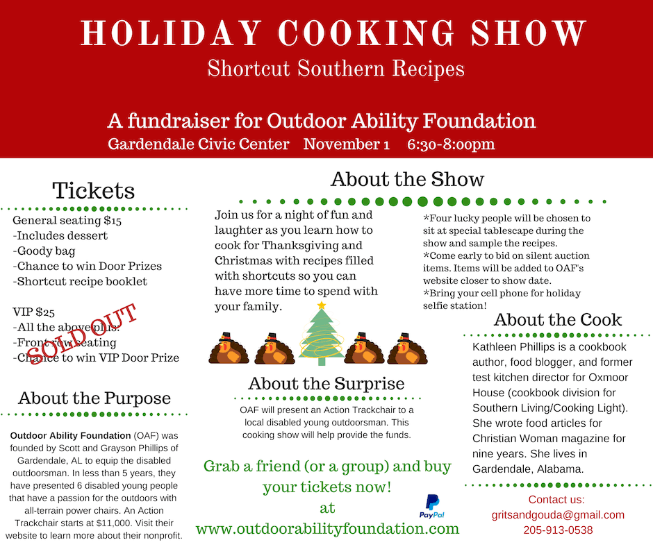 flyer for holiday cooking show benefitting outdoor ability foundation presented by grits and gouda food blogger Kathleen Royal Phillips