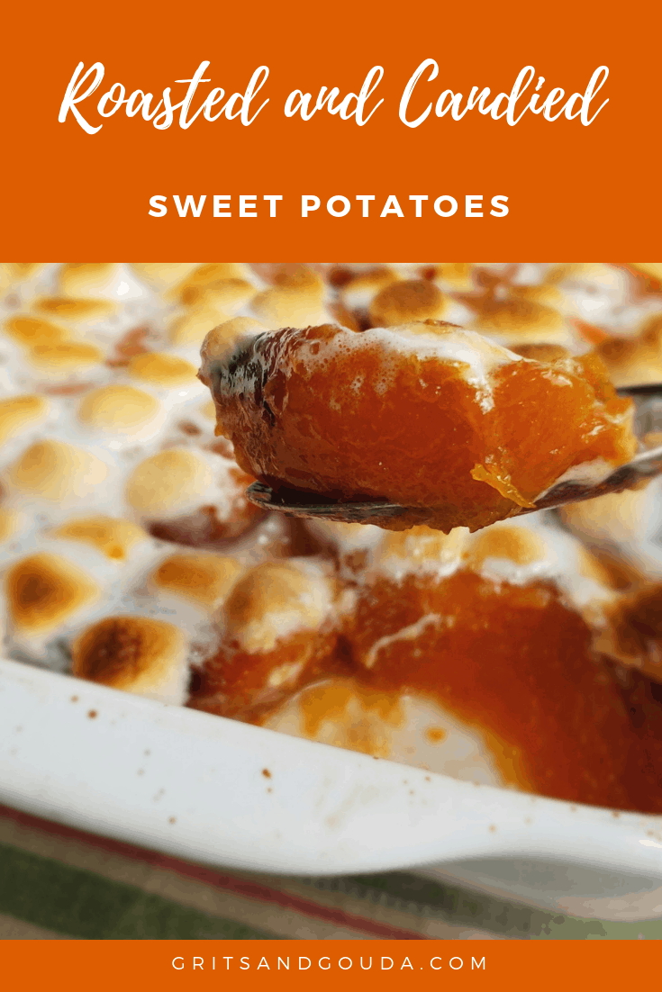 candied sweet potatoes with toasted mini marshmallow Pinterest pin