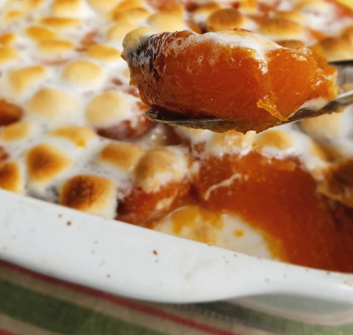 Spoonful of candied sweet potatoes lifted from white casserole dish topped with roasted marshmallows