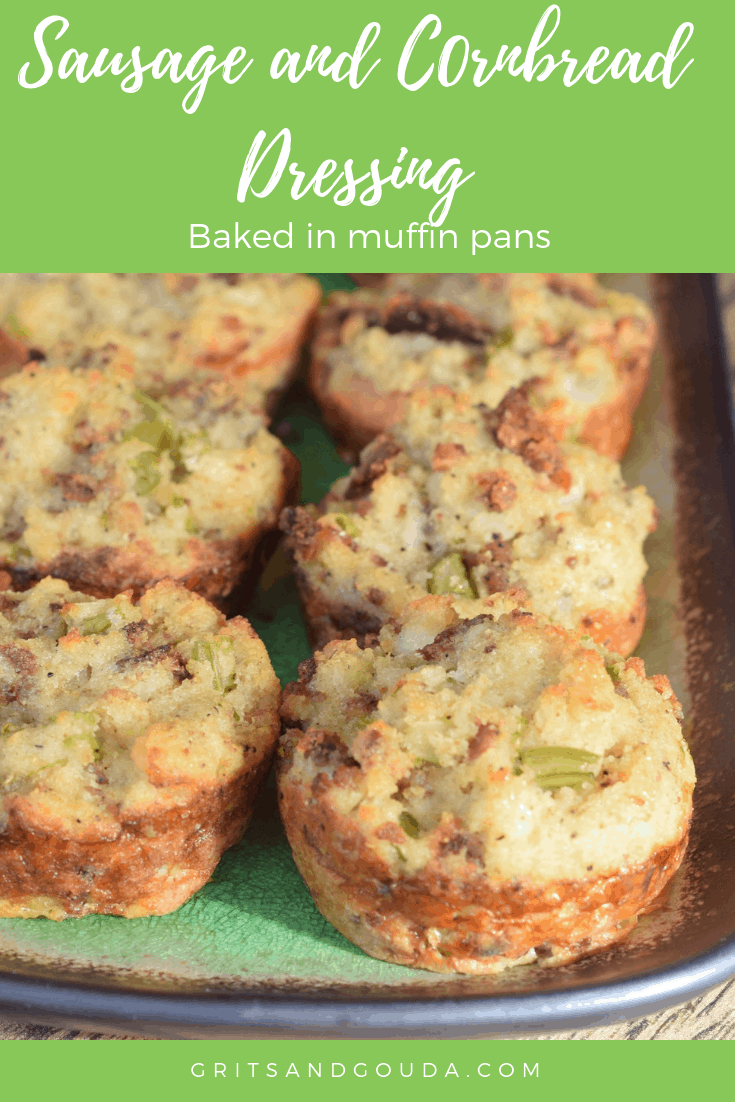 Individual size sausage cornbread dressings baked in a muffin pan and served on a green platter Pinterest Pin