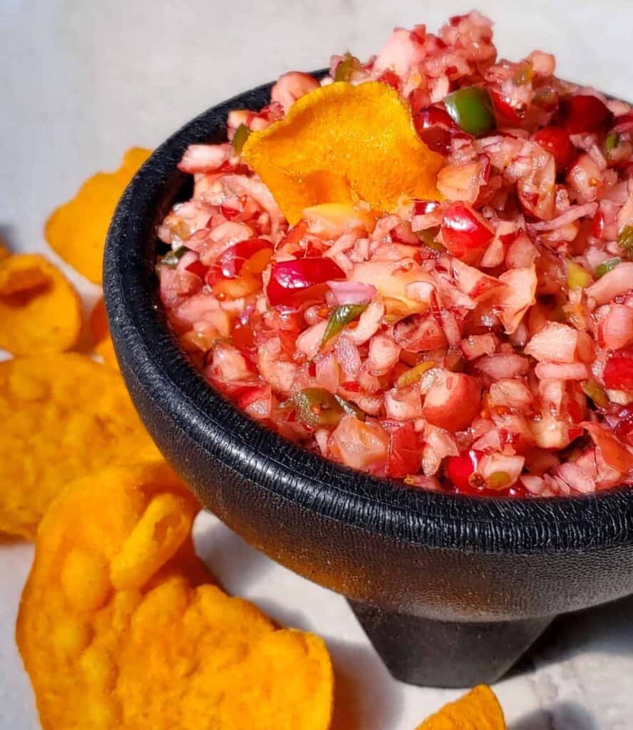 Cranberry Apple Jalapeno Salsa in a black salsa dish with sweet potato chips in it and around the dish