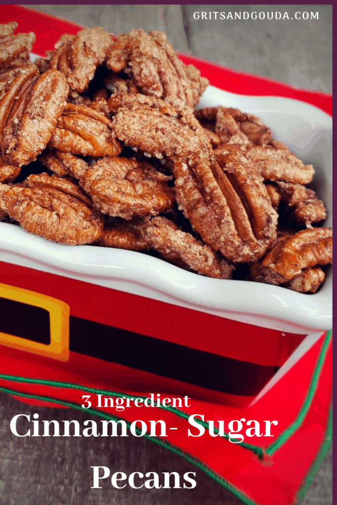 It doesn't get any easier than this 3 ingredient recipe! Only 2 minutes prep and bake it in a slow oven for crispy, cinnamon-sugar coated pecans. Great for gift giving for Christmas!