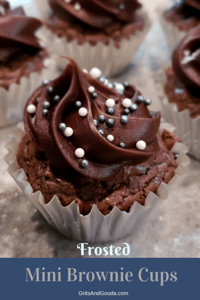 You can make these year 'round and in many sizes to match the occasion and your appetite! This little bite is a double chocolate brownie topped with a luxurious dollop of chocolate frosting and sprinkled with silver and white round sprinkles. You won't believe the shortcut in this recipe!