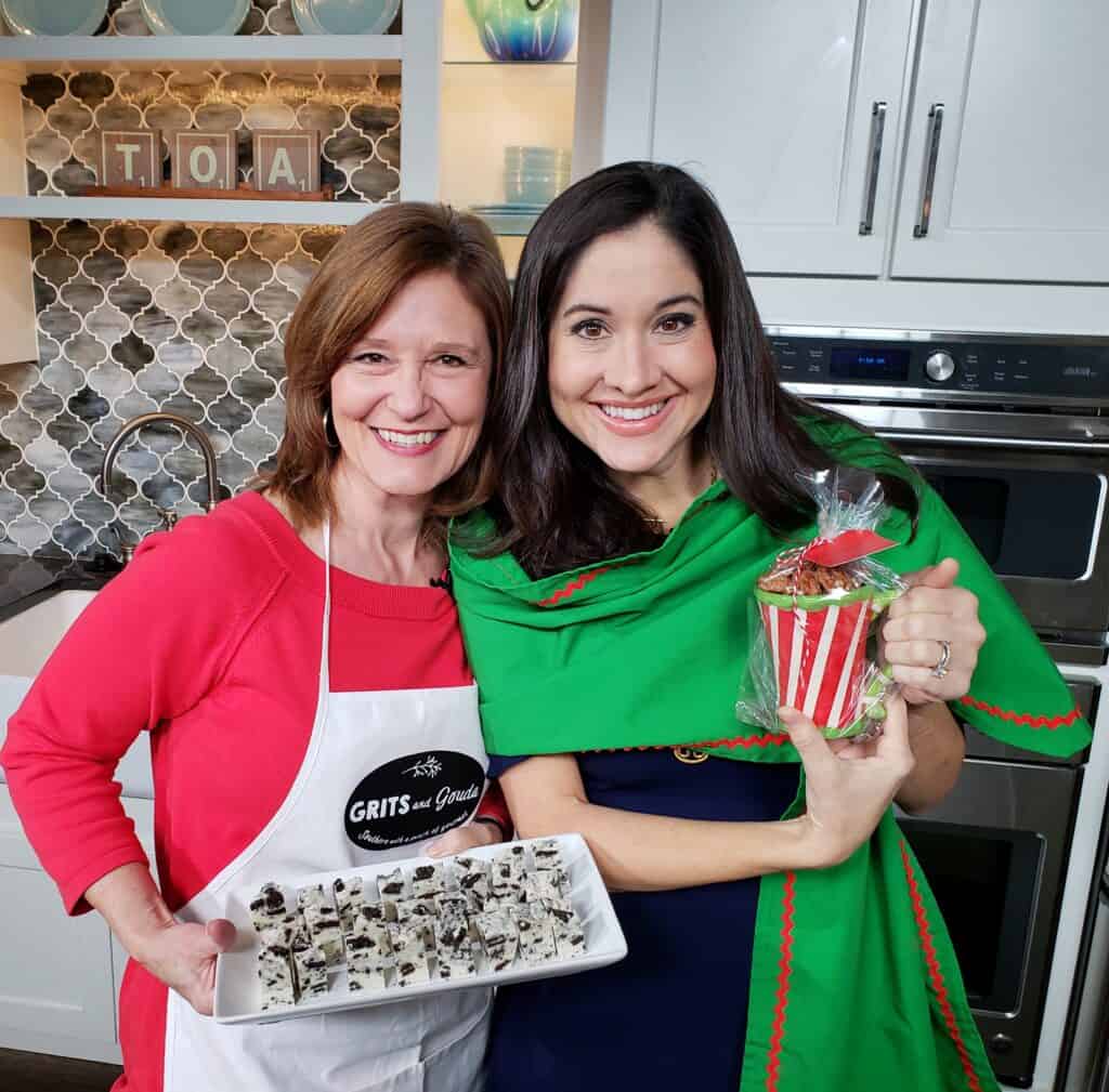 3 Ingredient Cinnamon Sugar Toasted Pecans ready and Cookies n Cream White Chocolate Fudge for Christmas gifting with Kathleen Phillips and Nicole Allshouse holding them