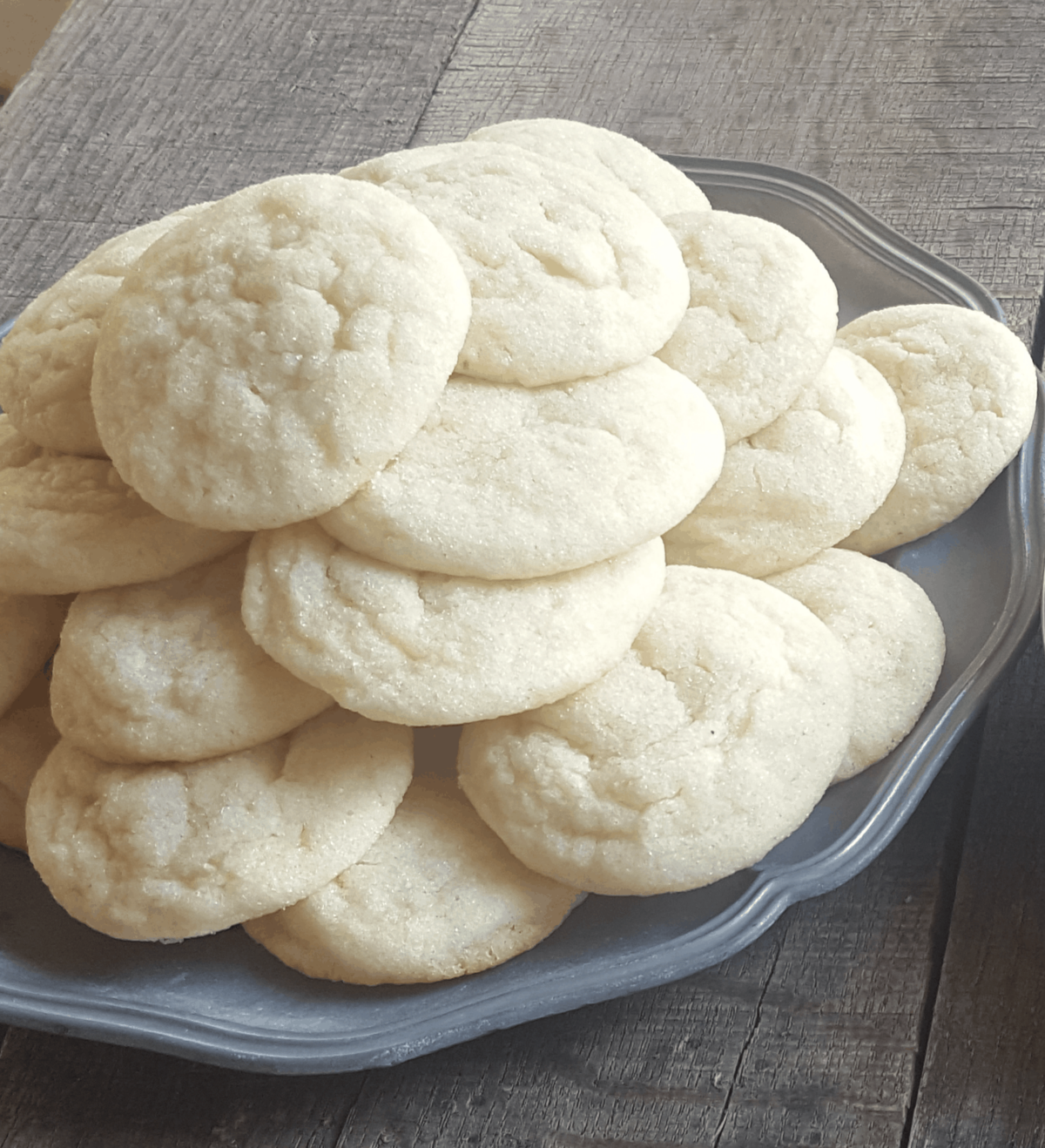 A plate full of Sugardoodles-A cross between a sugar cookie and a Snickerdoodle. 