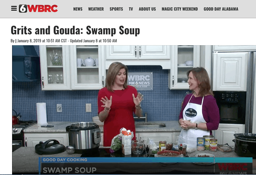 Good Day Alabama with Claire Huddleson and Grits and Gouda's Kathleen Phillips. Beans and Greens video screenshot in tv kitchen