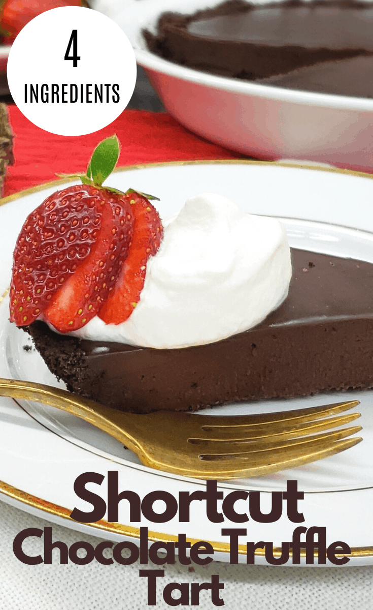 Slice of chocolate tart on white plate topped with whipped cream and a fanned strawberry; gold fork on the plate