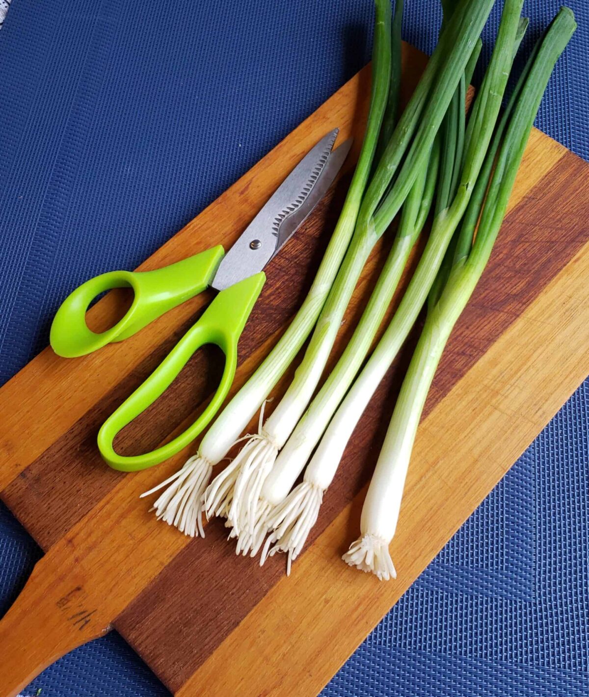 Green onions with Green scissors and wooden cutting board