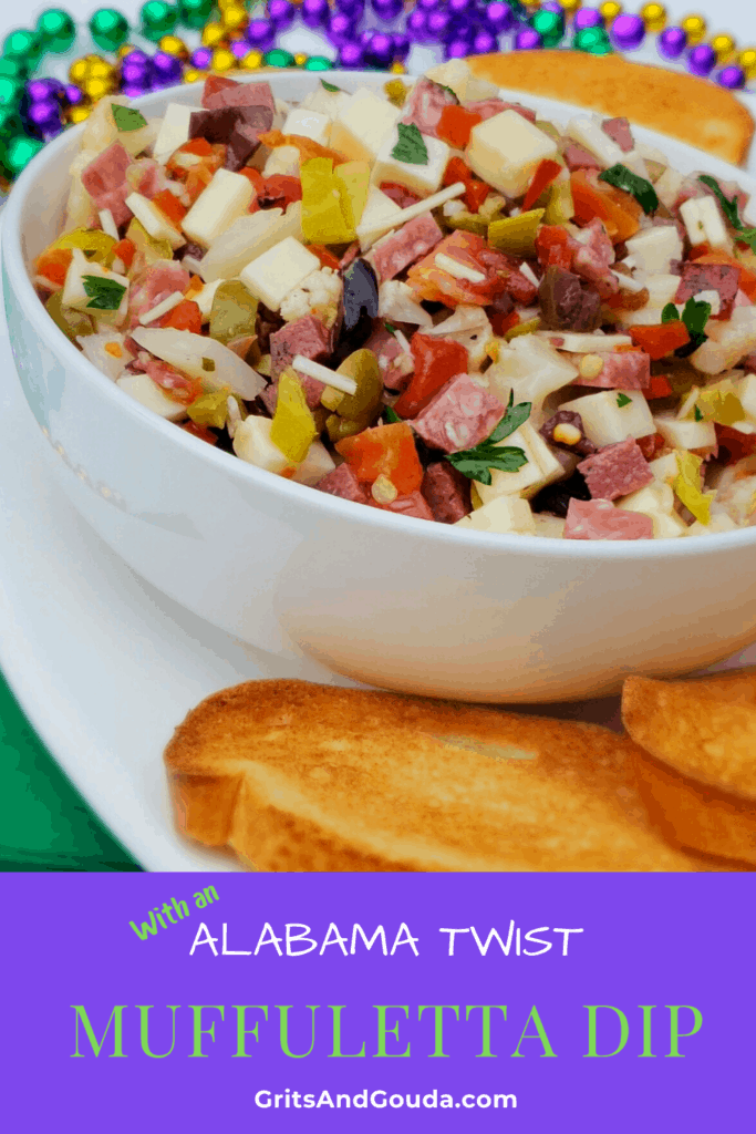 chopped muffuletta dip in white bowl with French bread slices