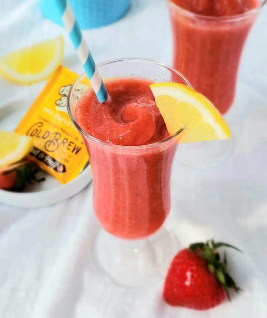 2 Ingredient and 2 Minutes to prepare Frozen Strawberry and Sweet Tea Lemonade is made with zero calorie sweet tea!