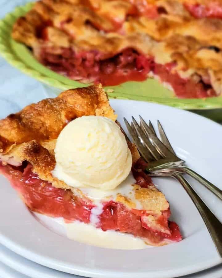 Shortcut Strawberry Rhubarb Pie is easy to make with refrigerated pie crusts! Add a scoop of vanilla ice cream