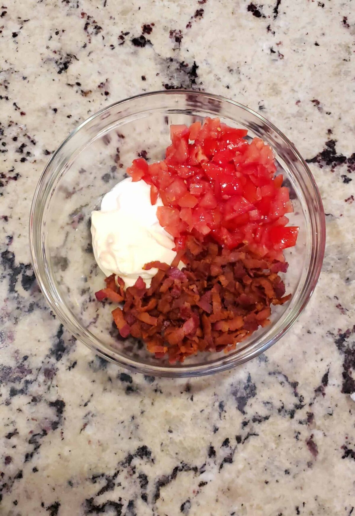 Combine the bacon, chopped tomato, mayo, and sour cream in a bowl and stir gently to make Bacon Tomato Dip
