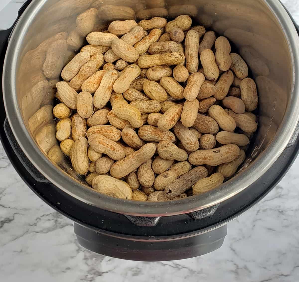 Peanuts in the shell in an Instant Pot with seasoning sprinkled on top.