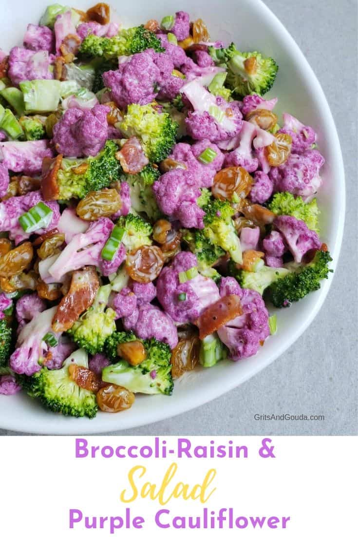 Pinterest pin for Purple Cauliflower & Broccoli Raisin salad