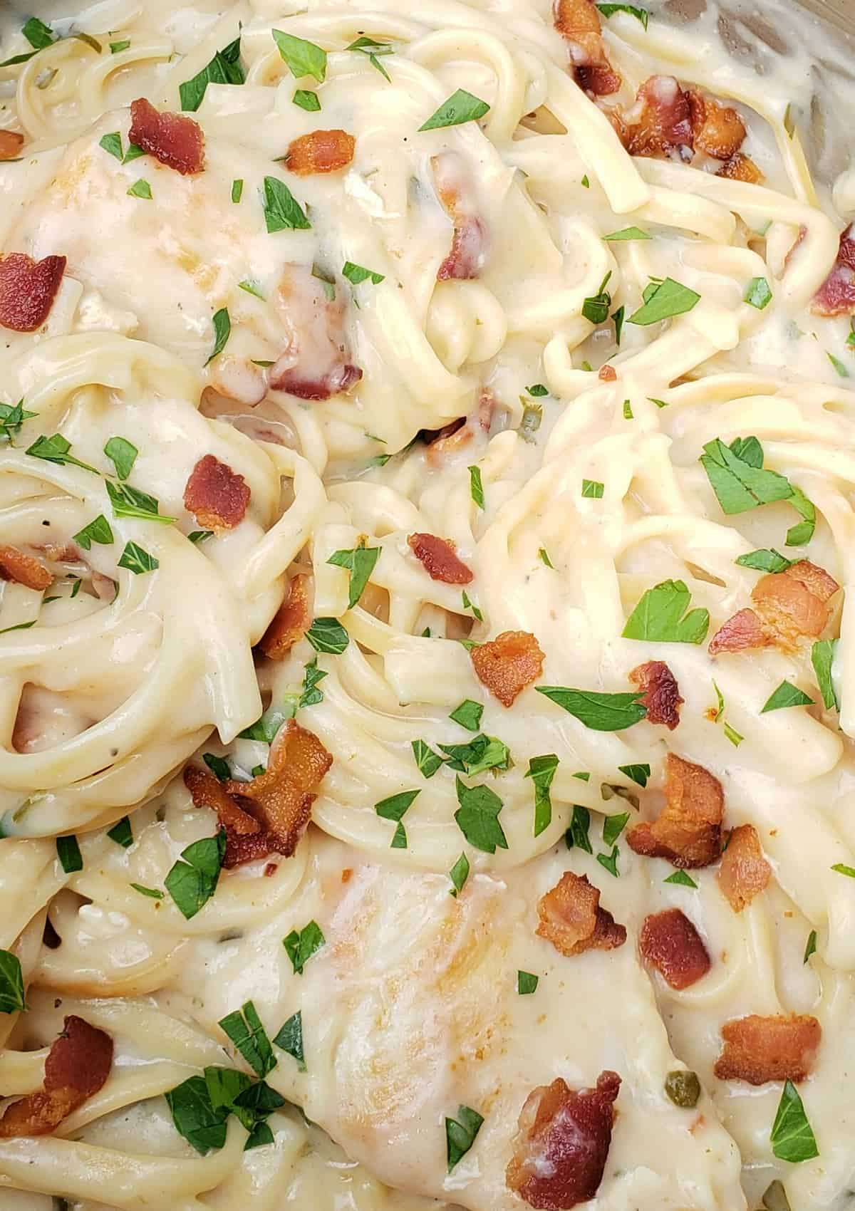 Close up view of creamy pasta with bacon and parsley sprinkled on it.