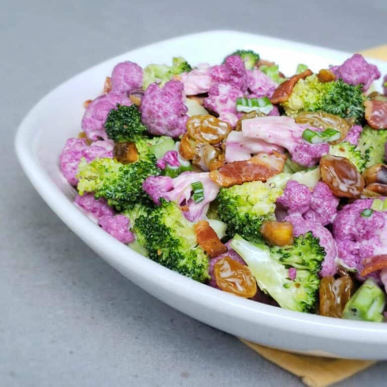 Purple Cauliflower & Broccoli Raisin Salad Grits and Gouda