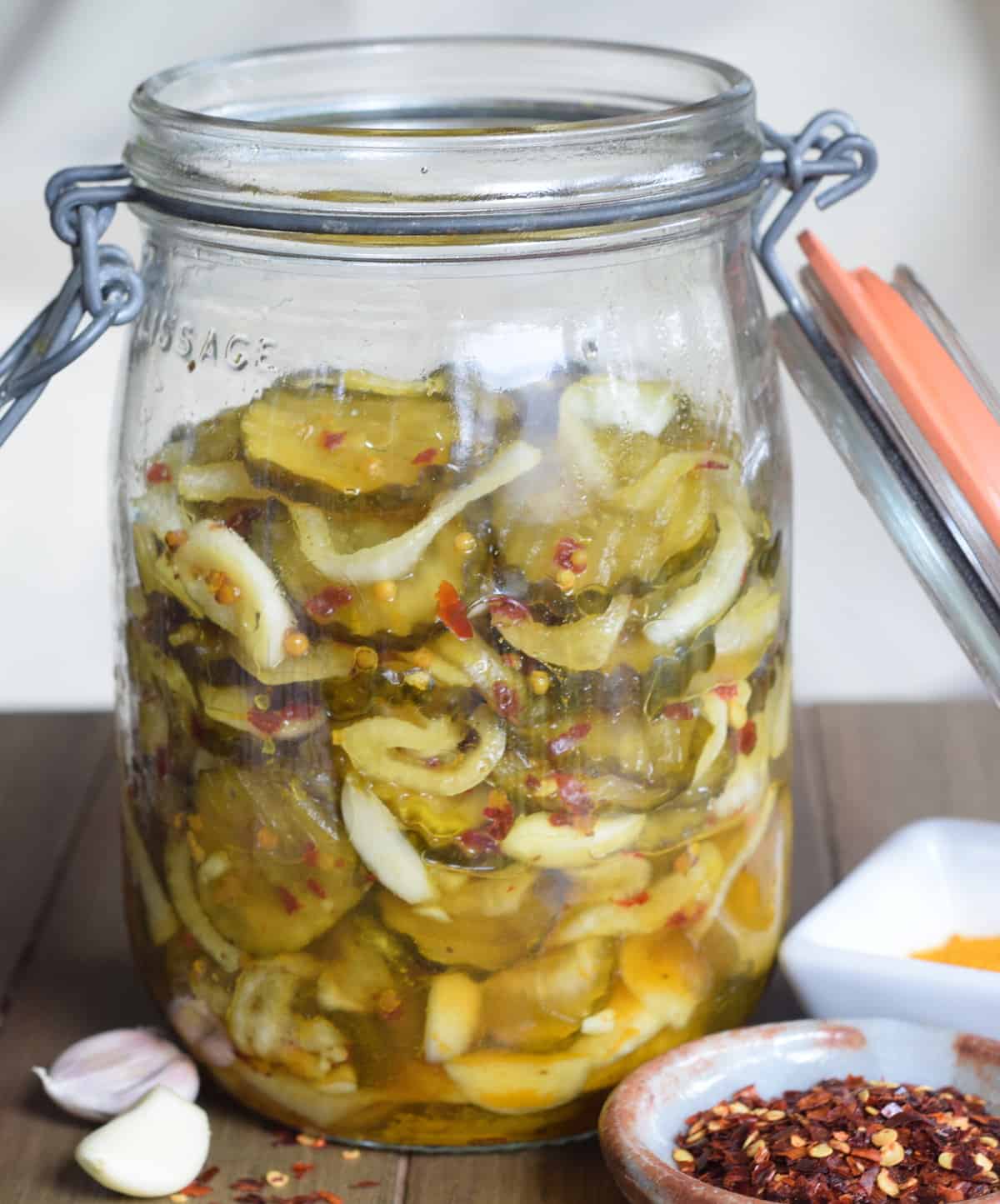 Shortcut Sweet Heat Pickles and Vidalia Onions Grits and Gouda