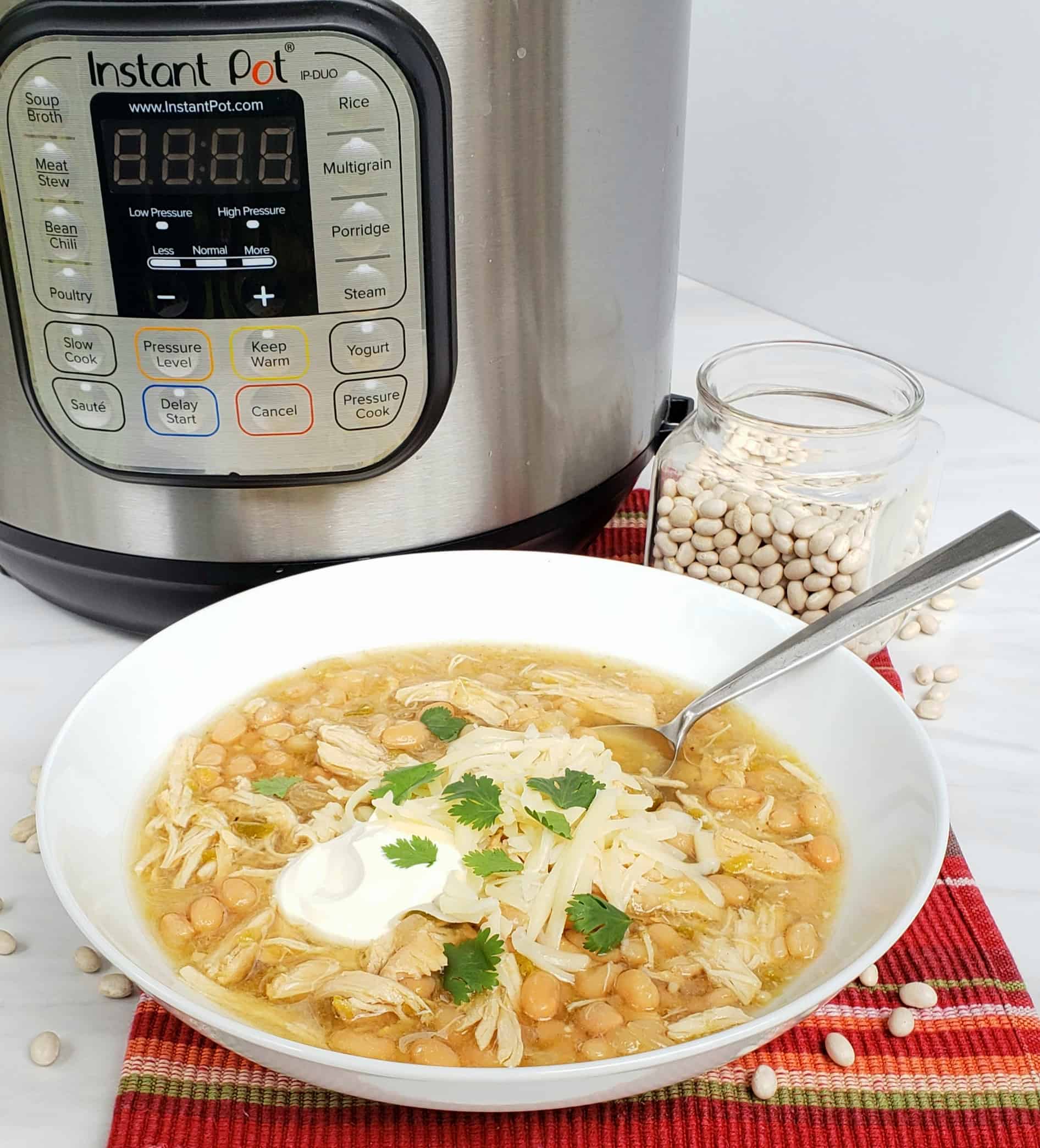 White Bean and Chicken Chili with Instant Pot in background