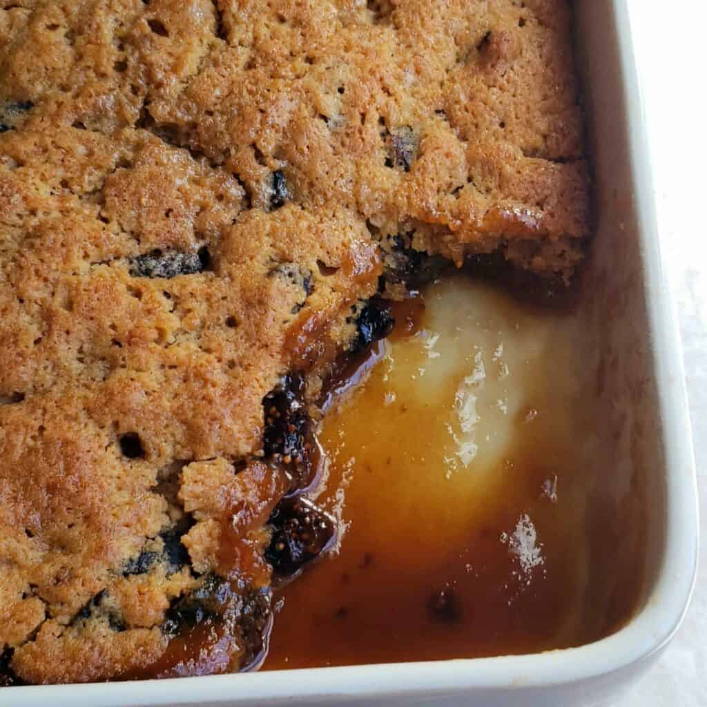 Mission fig cake with sauce in bottom of baking dish