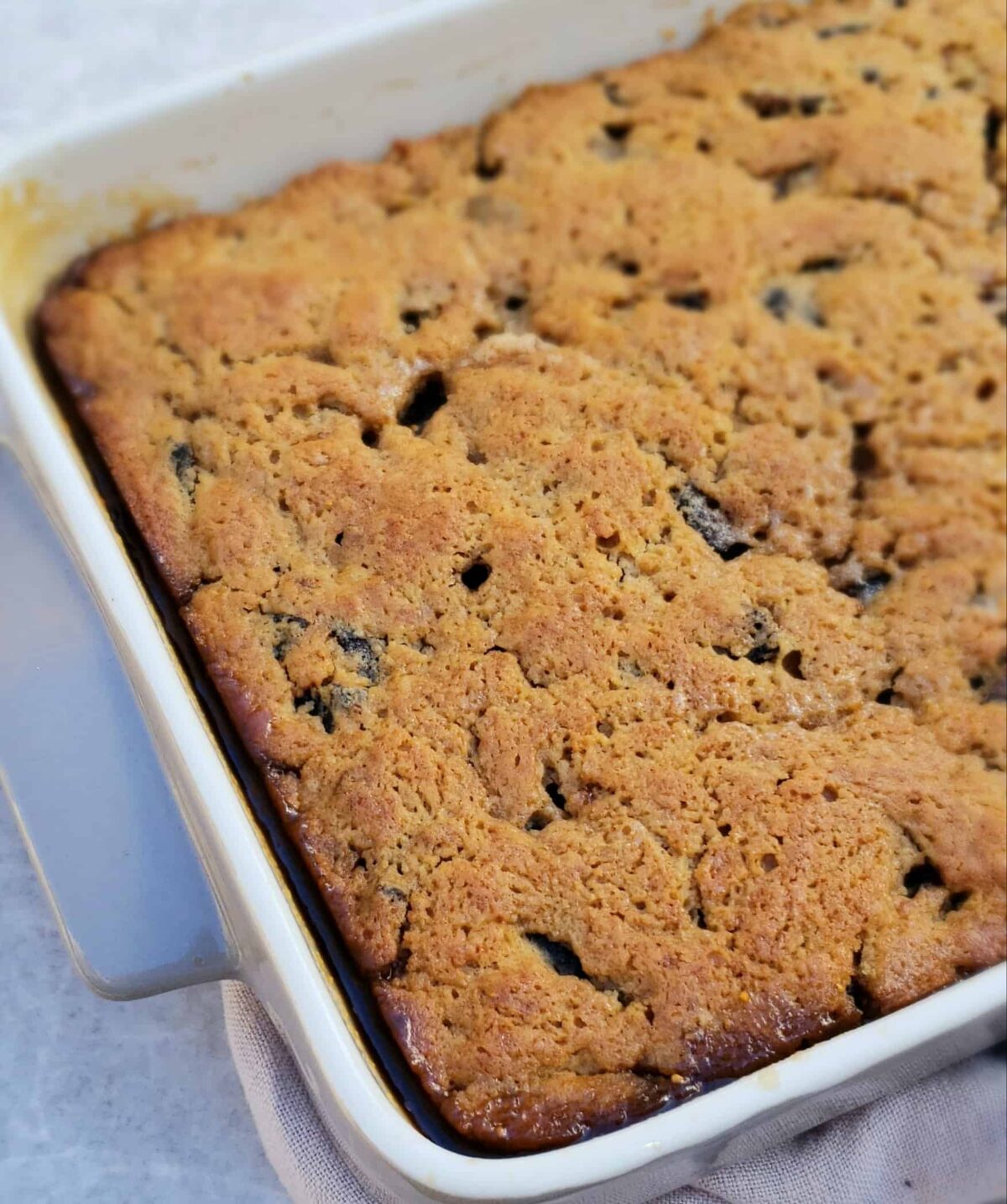 Mission fig cake with sauce in bottom of baking dish