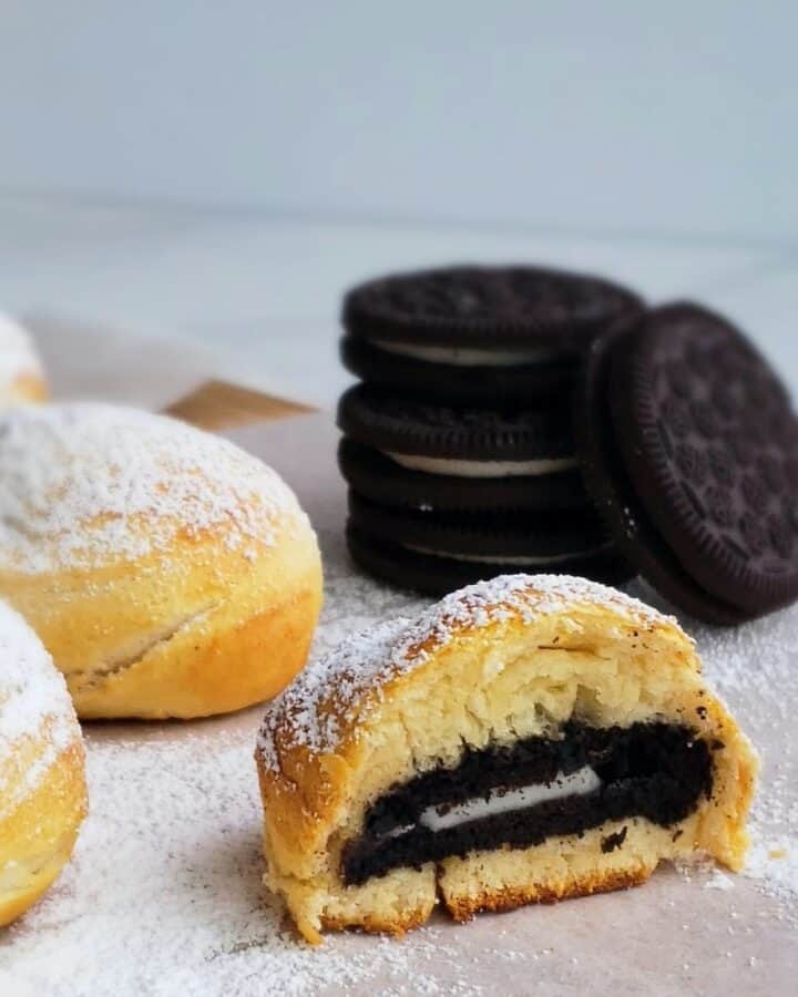 air fryer fried oreos with stack of cookies