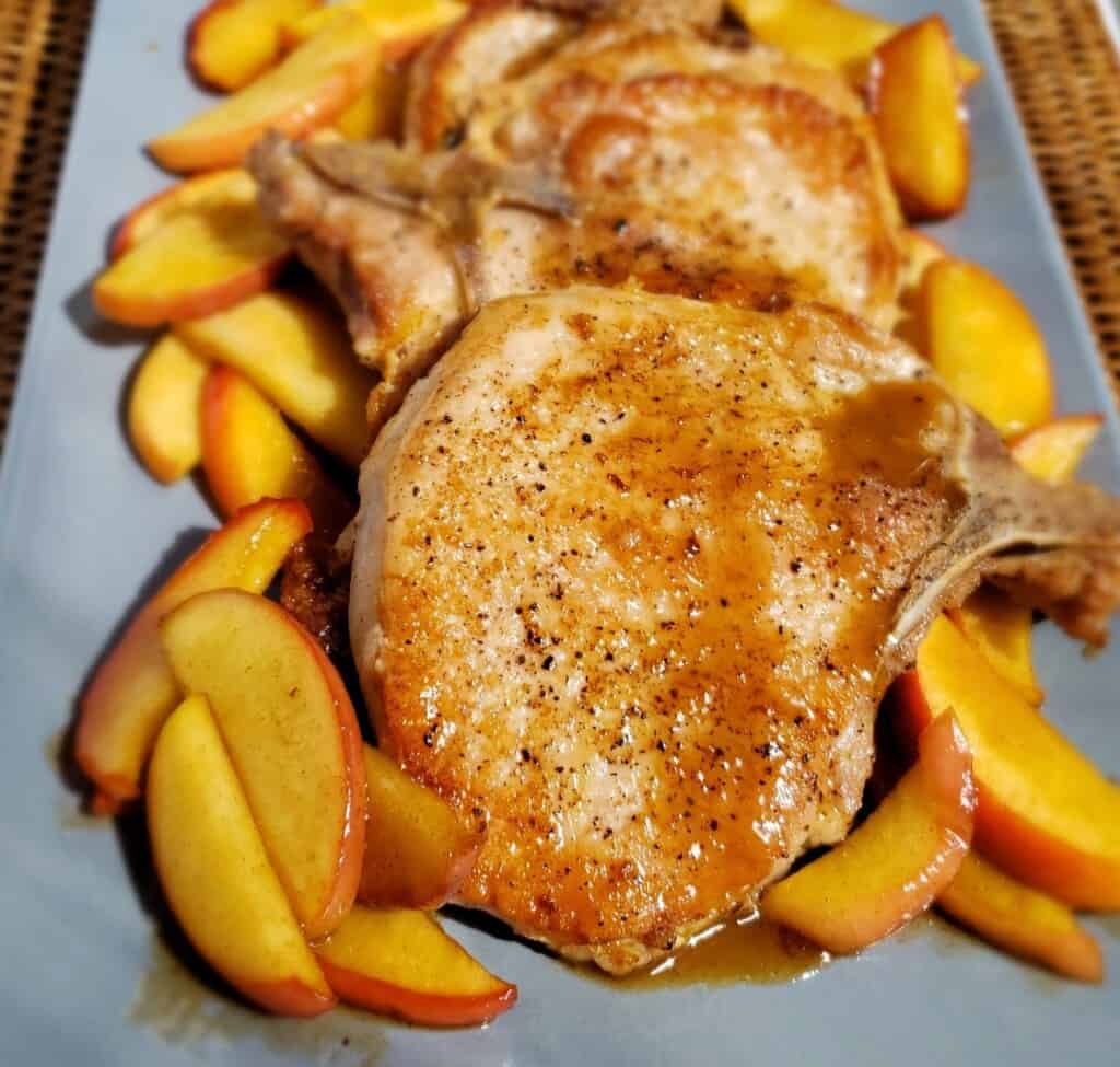 PanSeared Pork Chops and Fried Cinnamon Apples Grits and Gouda