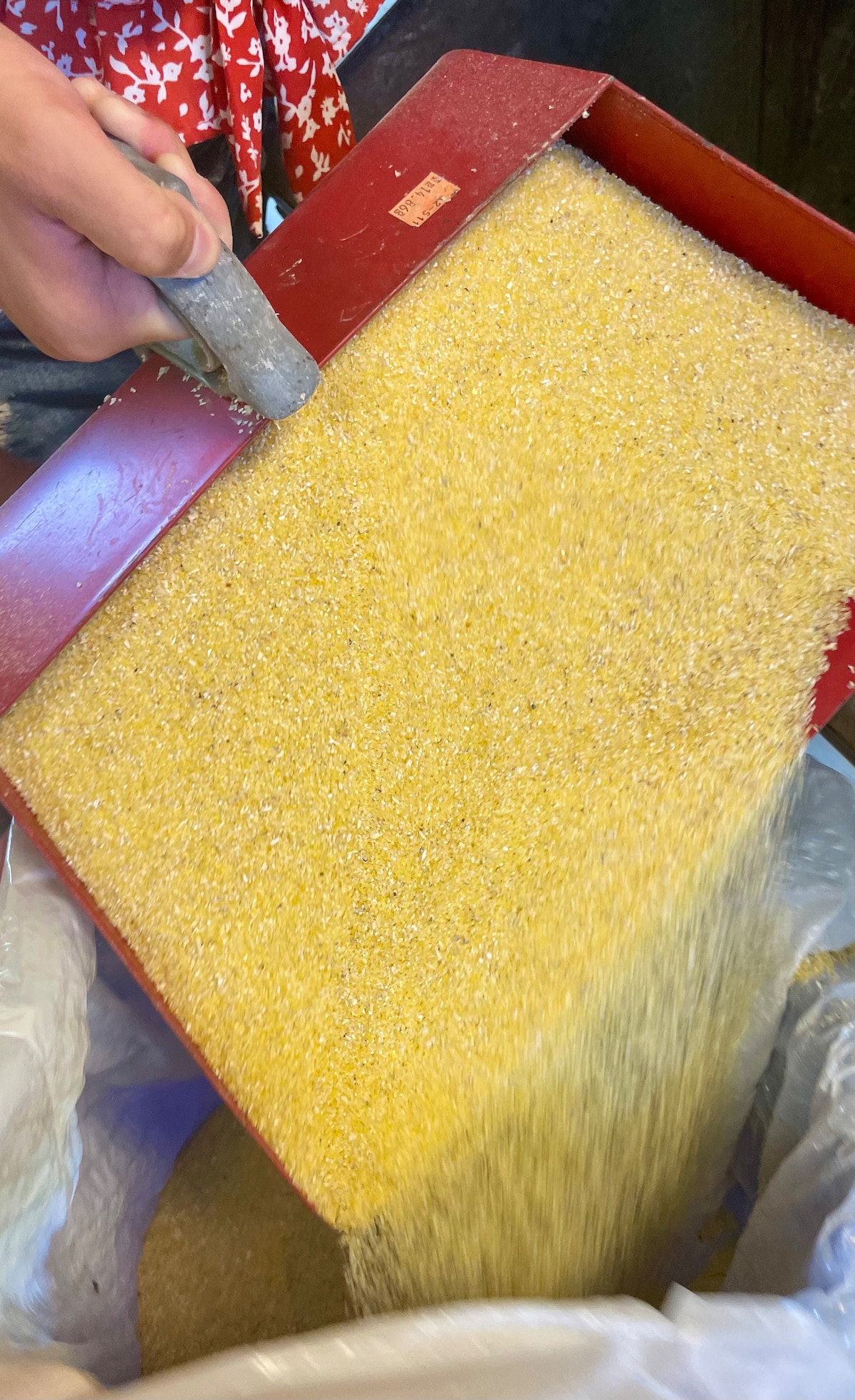 Large red rectangle scoop with yellow grits falling out.