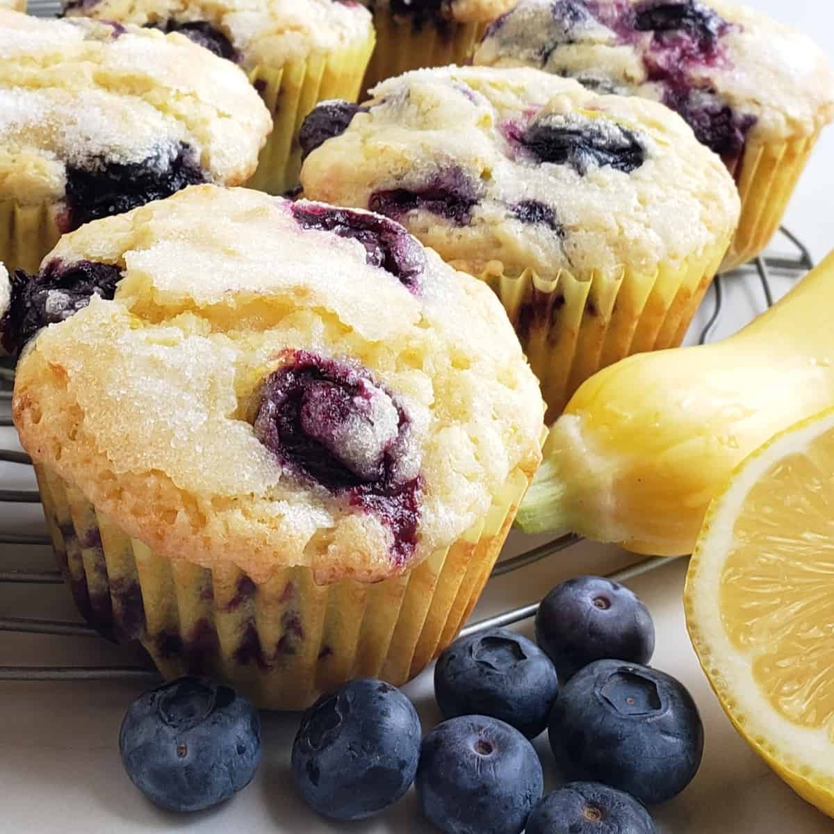 blueberry muffins with blueberries, yellow squash and cut lemon on surface