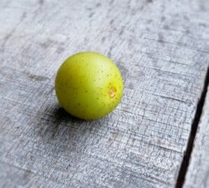 one scuppernong grape on a wooden surface