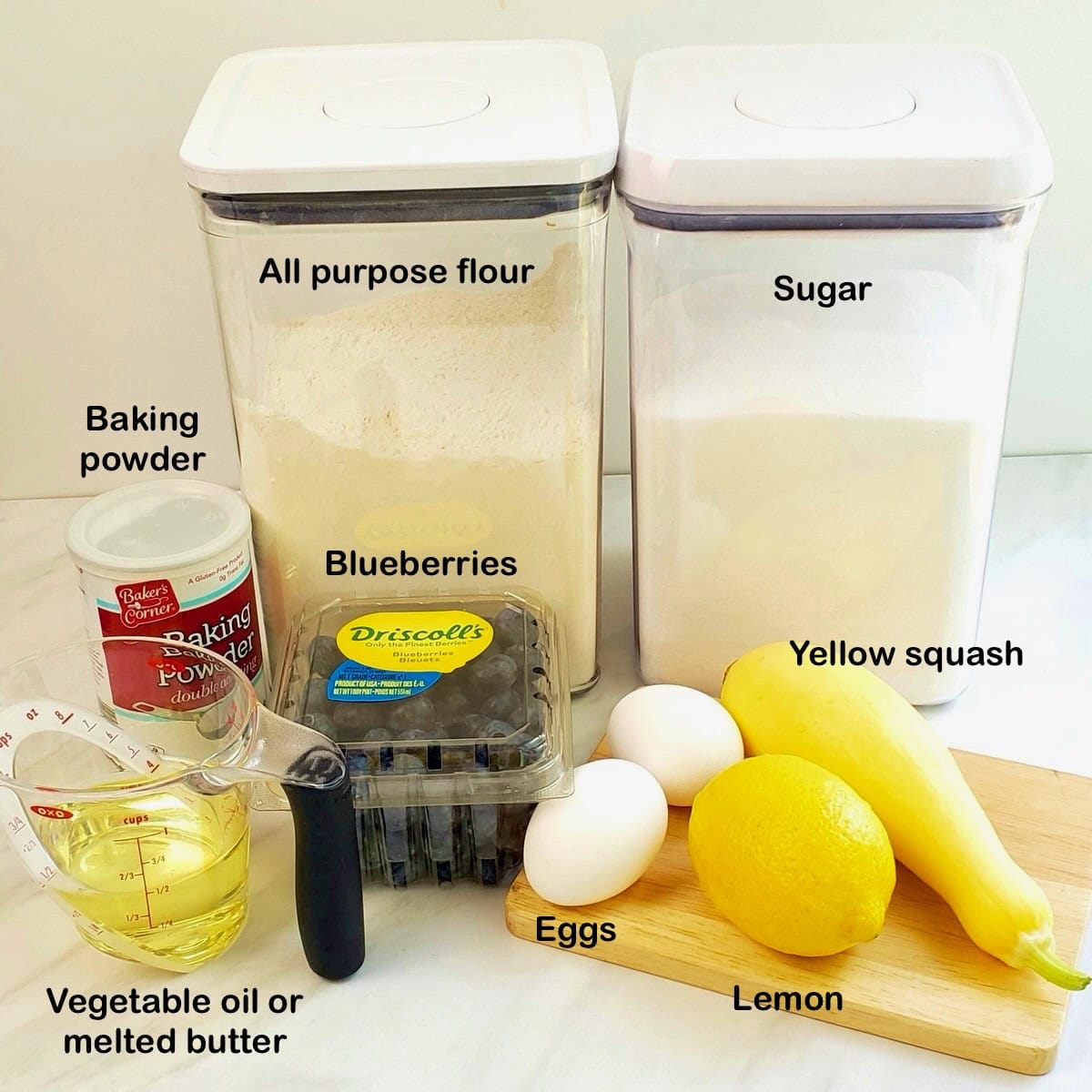 Ingredients for blueberry and lemon squash muffins.
