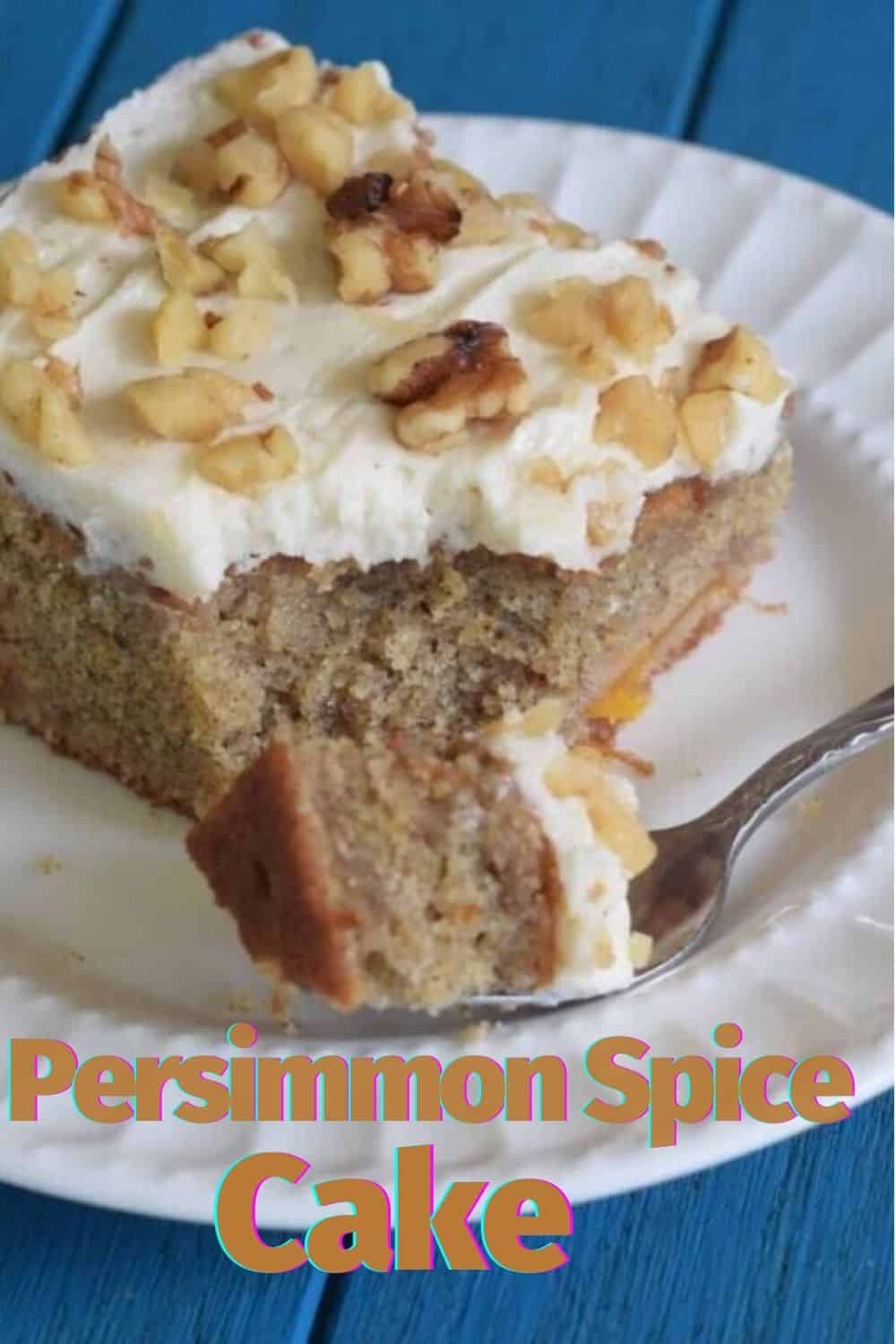 Spice sheet cake piece with walnuts on icing. Fork on plate with cake on it with text overlay.