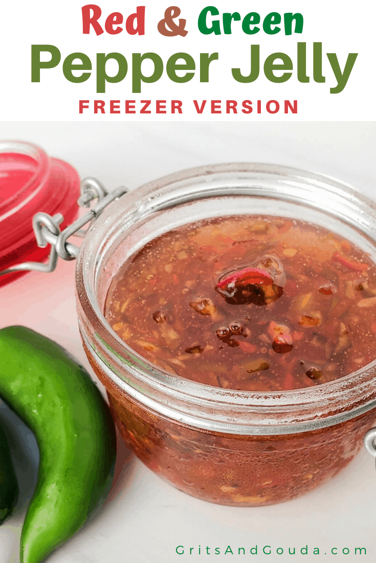 Pinterest pin for jalapeno pepper jelly with two jalapenos in front of jar