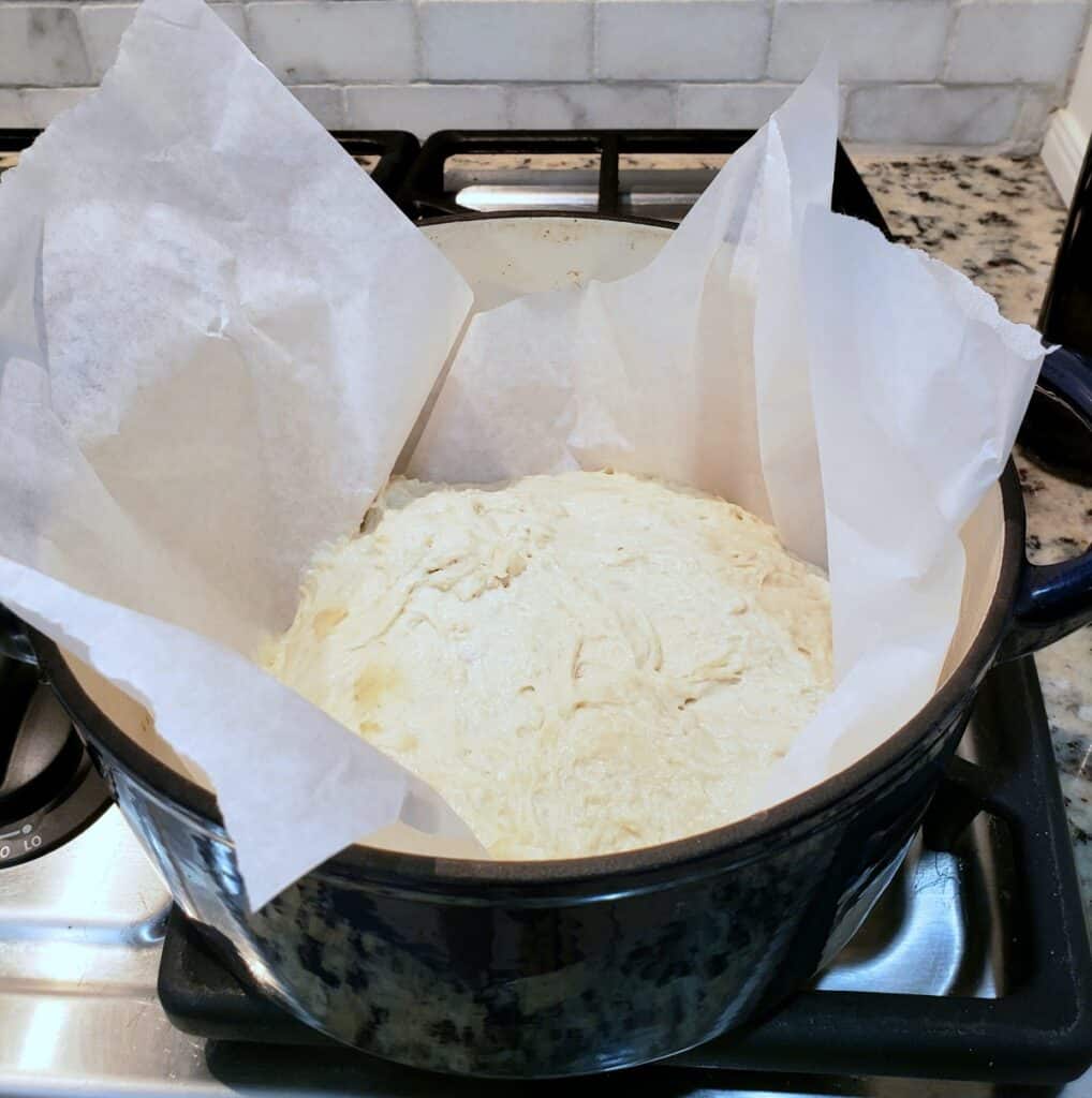 Yeast dough on parchment paper fitted into a a blue dutch oven