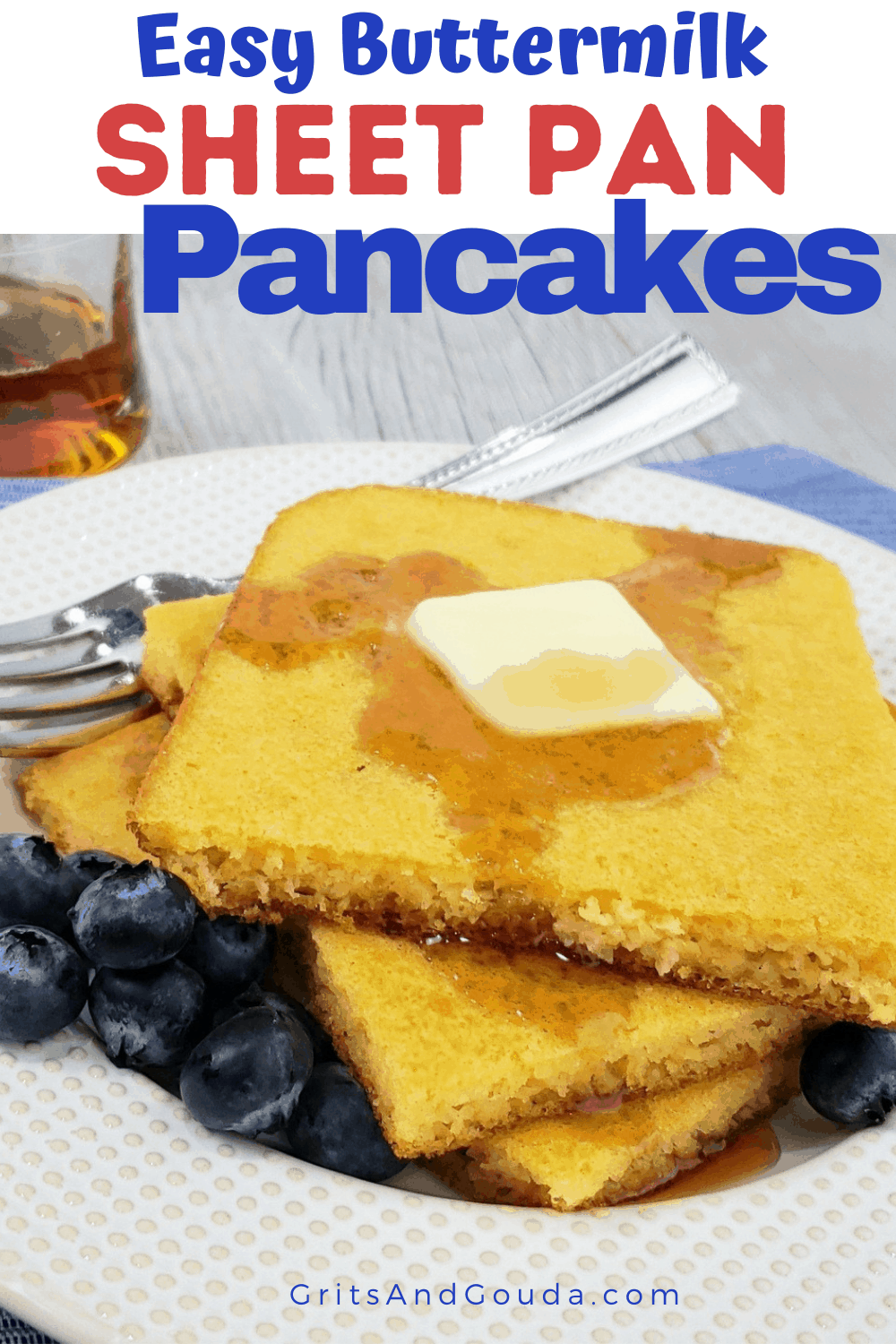 Pinterest Pin for Sheet Pan Pancakes stacked on a plate recipe