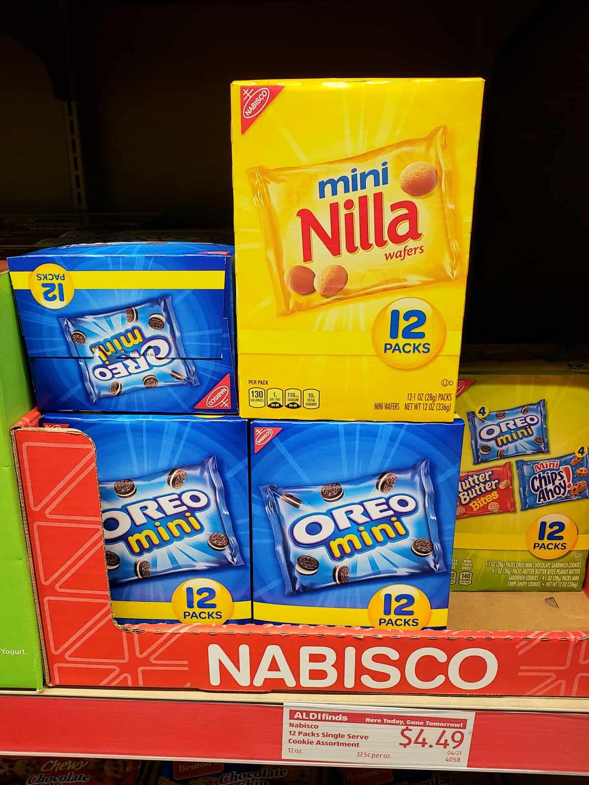 Nabisco multi pack cookies stacked with Aldi sign