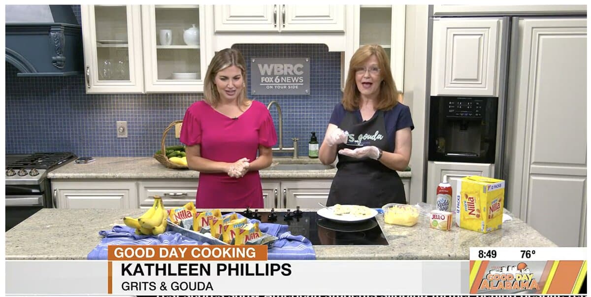 Two women in WBRC studio kitchen making walking banana pudding Kathleen Phillips