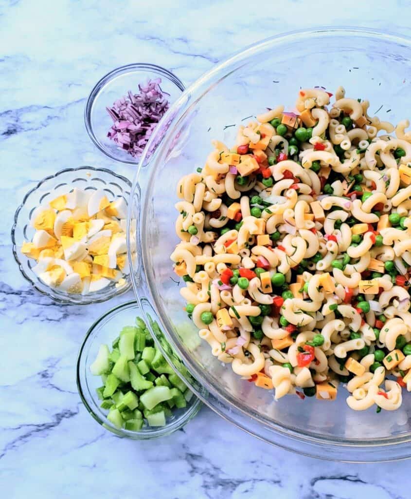 Ingredients for Macaroni Salad in little bowls
